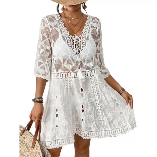 Bsubseach Women Lace Embroidered Swimsuit Cover Up Hollow Out Beach Dress Bikini Coverup