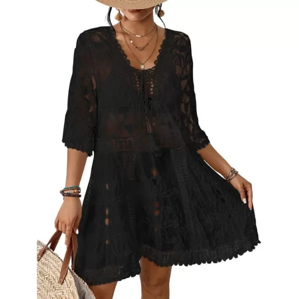 Bsubseach Women Lace Embroidered Swimsuit Cover Up Hollow Out Beach Dress Bikini Coverup