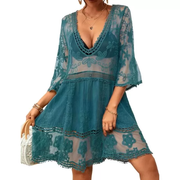 Bsubseach Women Lace Embroidered Swimsuit Cover Up Hollow Out Beach Dress Bikini Coverup