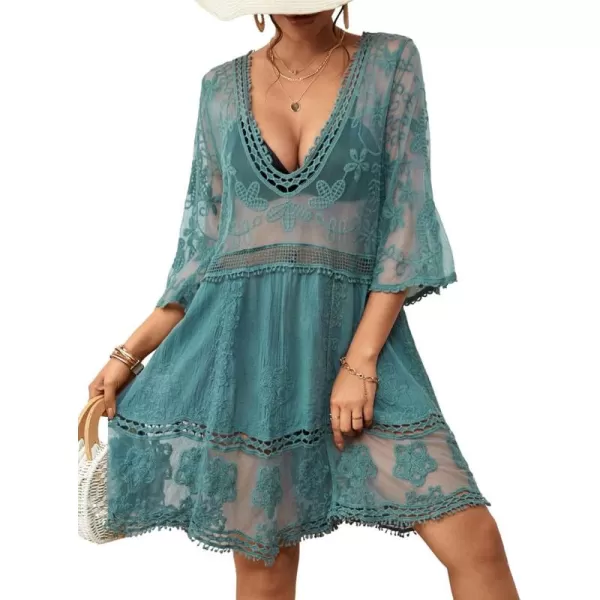Bsubseach Women Lace Embroidered Swimsuit Cover Up Hollow Out Beach Dress Bikini Coverup