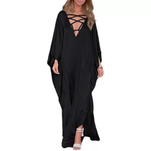 Bsubseach Women Lace Up V Neck Bikini Swimsuit Cover Up Batwing Sleeve Satin Beach Dress