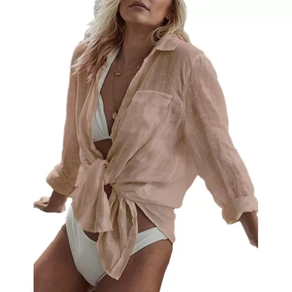 Bsubseach Women Long Sleeve Beach Shirt Blouses Bathing Suit Cover Up Button Down Collar