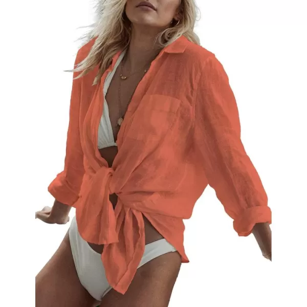 Bsubseach Women Long Sleeve Beach Shirt Blouses Bathing Suit Cover Up Button Down Collar