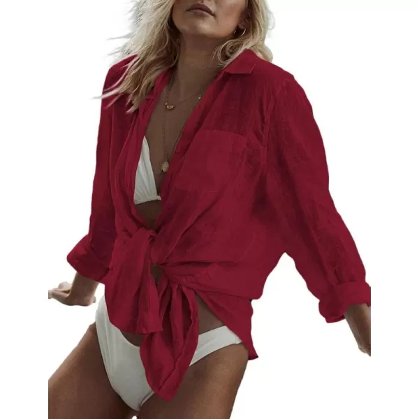 Bsubseach Women Long Sleeve Beach Shirt Blouses Bathing Suit Cover Up Button Down Collar