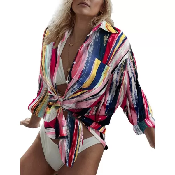 Bsubseach Women Long Sleeve Beach Shirt Blouses Bathing Suit Cover Up Button Down Collar
