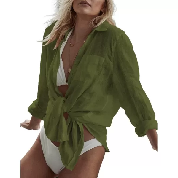 Bsubseach Women Long Sleeve Beach Shirt Blouses Bathing Suit Cover Up Button Down Collar