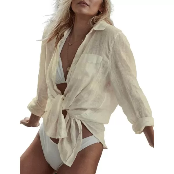 Bsubseach Women Long Sleeve Beach Shirt Blouses Bathing Suit Cover Up Button Down Collar
