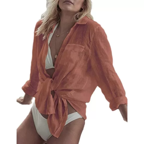 Bsubseach Women Long Sleeve Beach Shirt Blouses Bathing Suit Cover Up Button Down Collar