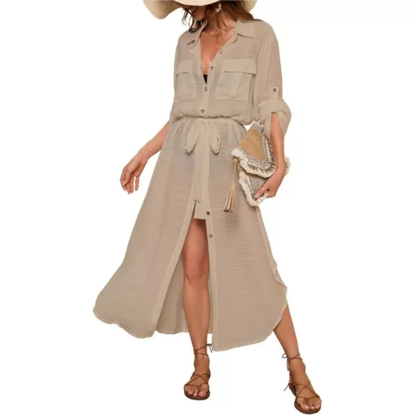 Bsubseach Women Long Swimsuit Cover Up Button Down Shirt Dress Beach Cover Up with Drawstring
