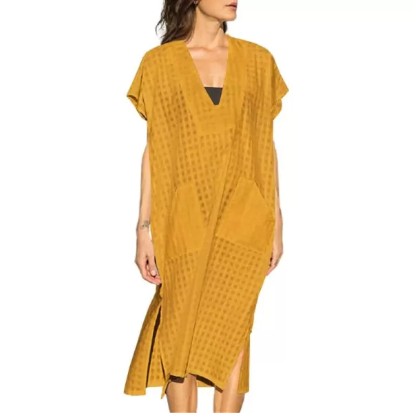 Bsubseach Women Plaid Swimsuit Cover Up V Neck Kaftan Dresses Caftan Maxi Dress