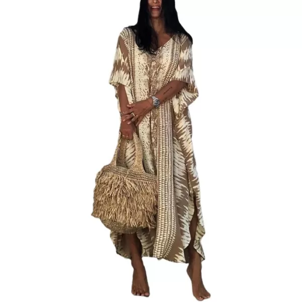 Bsubseach Women Print Beach Kaftan Dress Short Sleeve Plus Size Bathing Suit Cover Ups