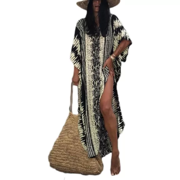Bsubseach Women Print Beach Kaftan Dress Short Sleeve Plus Size Bathing Suit Cover Ups
