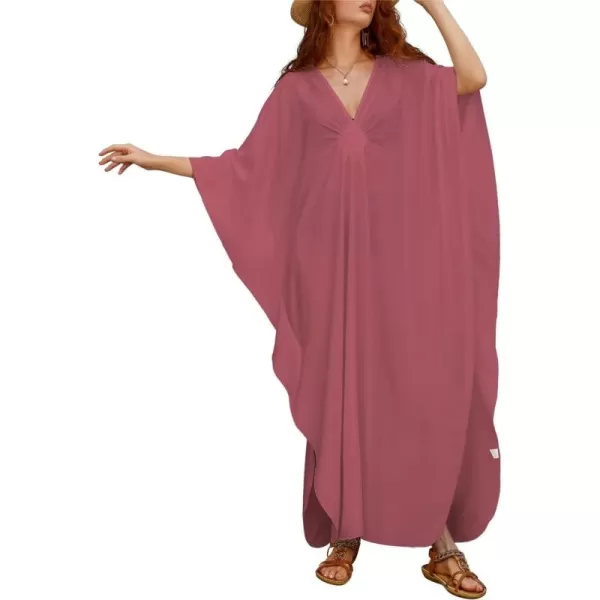 Bsubseach Women Solid Color Cover Up V Neck Batwing Sleeve Plus Size Beach Kaftan Dresses