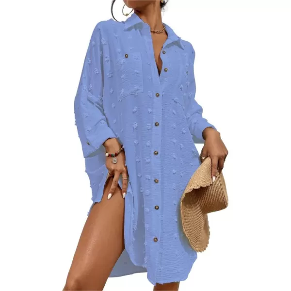 Bsubseach Women Swimsuit Coverup Blouse Button Down Shirt Dresses Swiss Dot Tops