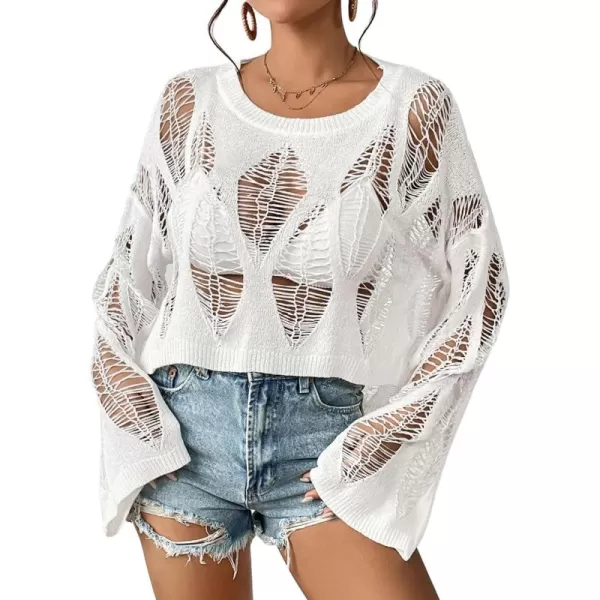 Bsubseach Womens Crochet Crop Top Bell Long Sleeve Beach Swimsuit Cover Up Hollow Out Knit Summer Outfits