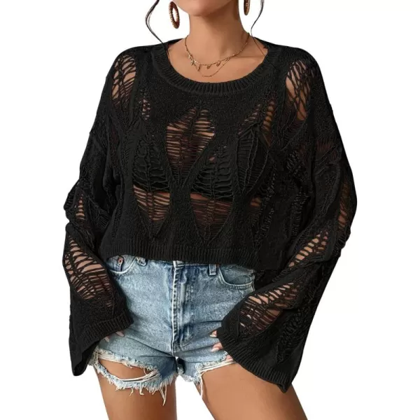 Bsubseach Womens Crochet Crop Top Bell Long Sleeve Beach Swimsuit Cover Up Hollow Out Knit Summer Outfits