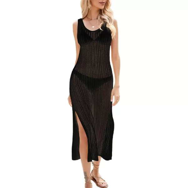 Bsubseach Womens See Through Sleeveless Knitted Swimsuit Cover Up Crochet Dress