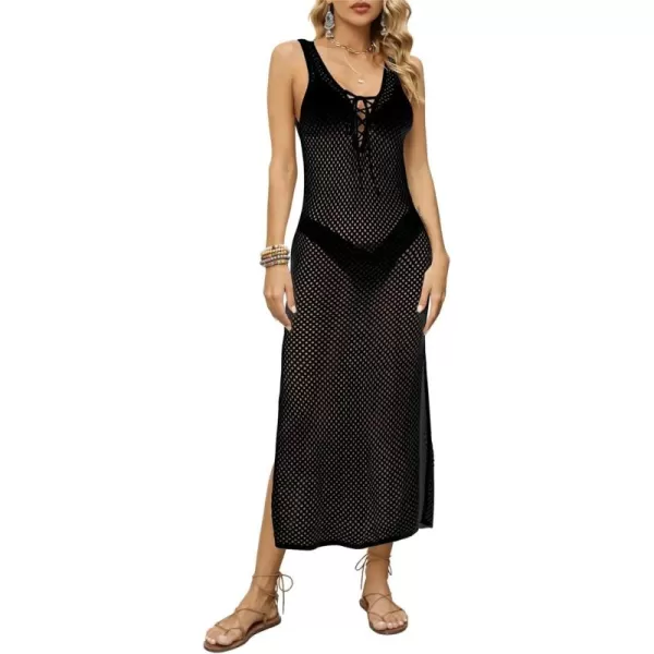 Bsubseach Womens See Through Sleeveless Knitted Swimsuit Cover Up Crochet Dress