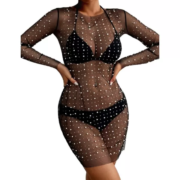 Bsubseach Women’s Sheer Swimsuit Cover Up Pearl Rhinestone Mesh Dress See Through Beach Cover Ups Pool Bathing Suit Shirt