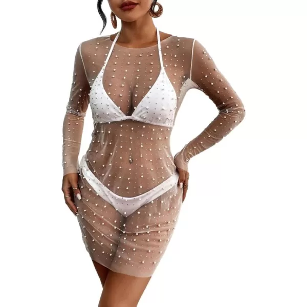 Bsubseach Women’s Sheer Swimsuit Cover Up Pearl Rhinestone Mesh Dress See Through Beach Cover Ups Pool Bathing Suit Shirt