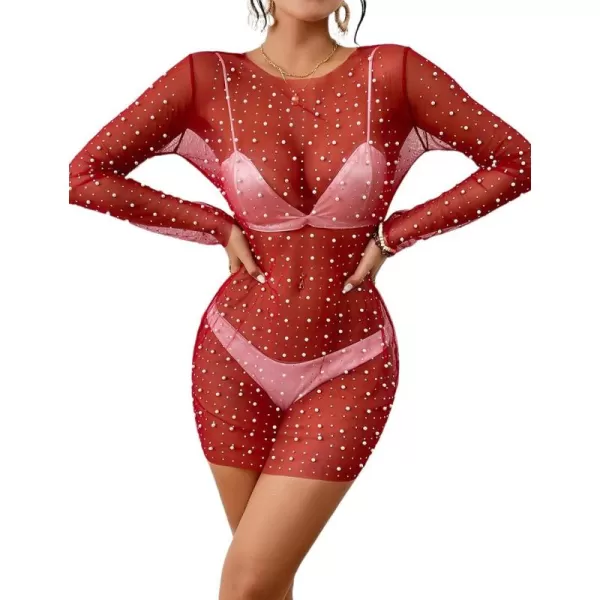 Bsubseach Women’s Sheer Swimsuit Cover Up Pearl Rhinestone Mesh Dress See Through Beach Cover Ups Pool Bathing Suit Shirt