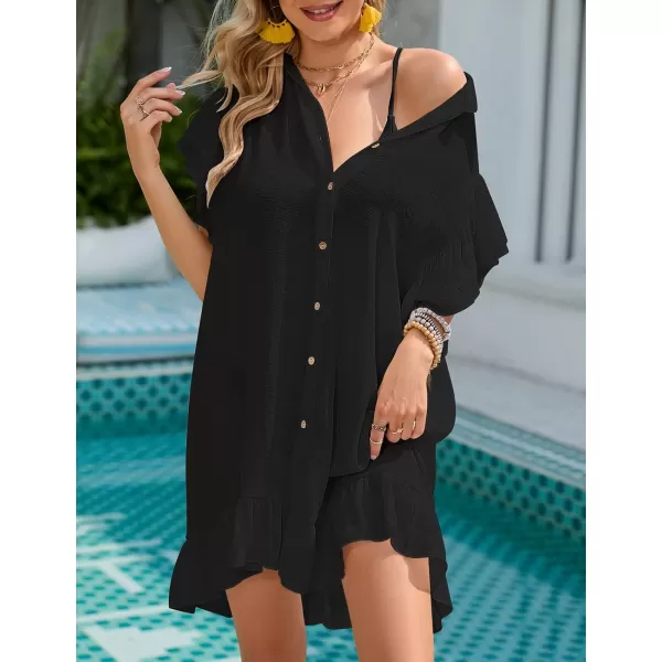 Bsubseach Ruffle Sleeve Beach Cover Up Shirt Blouse Button Down Bikini Coverup Beachwear
