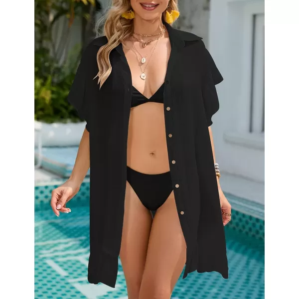 Bsubseach Ruffle Sleeve Beach Cover Up Shirt Blouse Button Down Bikini Coverup Beachwear