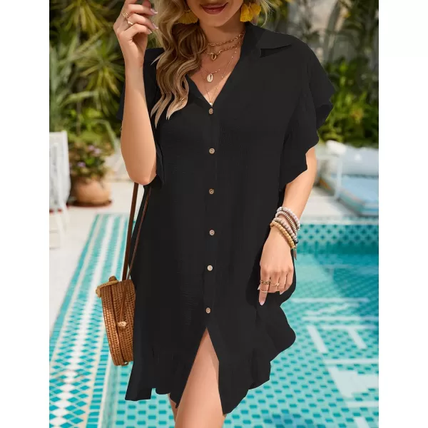 Bsubseach Ruffle Sleeve Beach Cover Up Shirt Blouse Button Down Bikini Coverup Beachwear