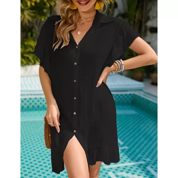 Bsubseach Ruffle Sleeve Beach Cover Up Shirt Blouse Button Down Bikini Coverup Beachwear
