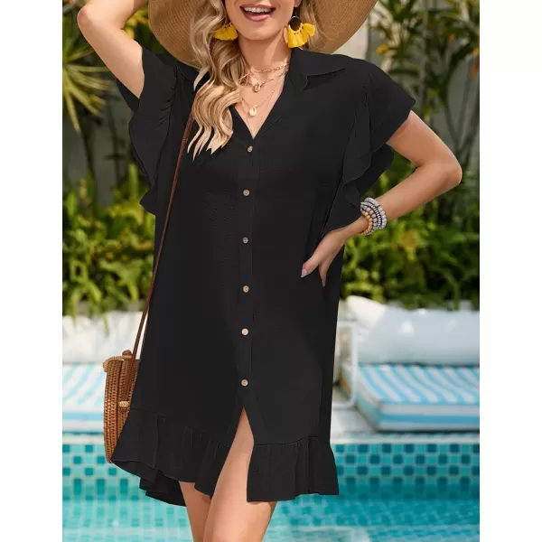 Bsubseach Ruffle Sleeve Beach Cover Up Shirt Blouse Button Down Bikini Coverup Beachwear