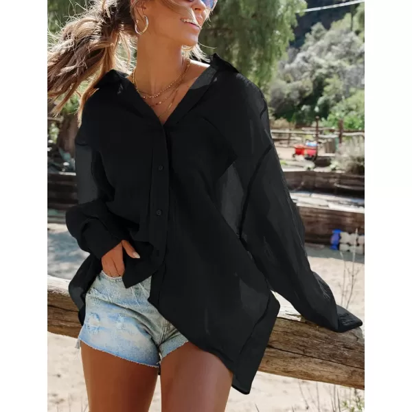 Bsubseach Women Bathing Suit Cover Ups Button Down Bikini Swimsuit Cover Up Long Sleeve Beach Shirt Blouse