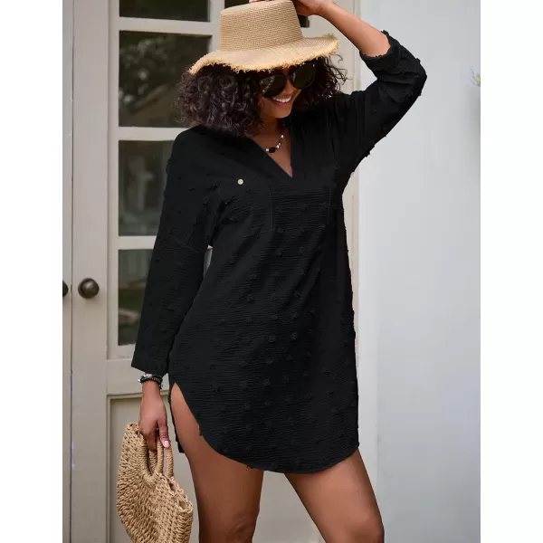 Bsubseach Swimsuit Coverup for Women Beach Shirt Dresses Swiss Dot Tops Bathing Suit Cover Ups V-Neck Beachwear