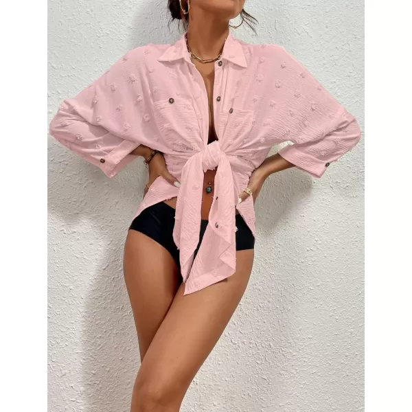 Bsubseach Women Swimsuit Coverup Blouse Button Down Shirt Dresses Swiss Dot Tops