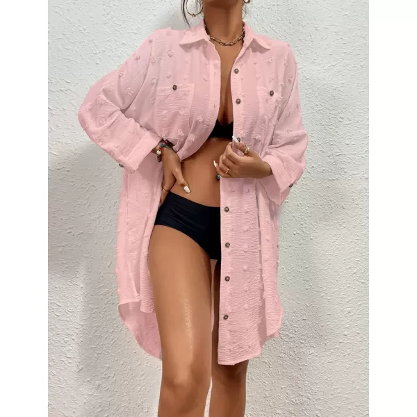 Bsubseach Women Swimsuit Coverup Blouse Button Down Shirt Dresses Swiss Dot Tops