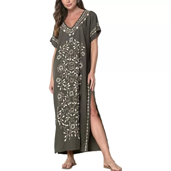 Bsubseach Swimsuit Cover Ups Embroidery V Neck Short Sleeve Swim Cover Up for Women Kaftan Dresses