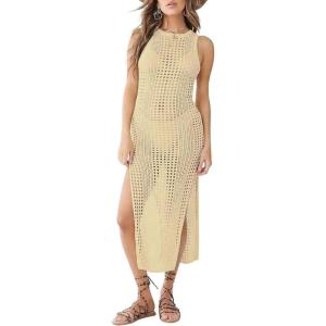 imageBsubseach Crochet Cover Ups for Women Hollow Out Sleeveless Bikini Swimsuit Swimwear Side Split Long Beach DressesApricot