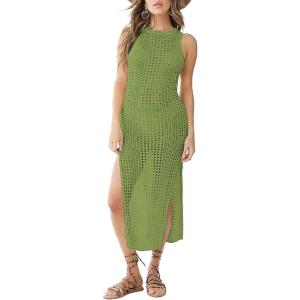 imageBsubseach Crochet Cover Ups for Women Hollow Out Sleeveless Bikini Swimsuit Swimwear Side Split Long Beach DressesArmy Green
