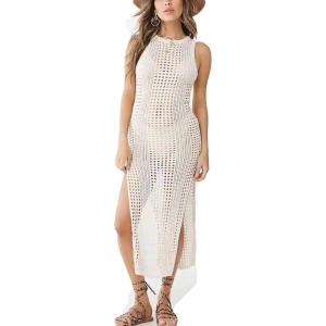 imageBsubseach Crochet Cover Ups for Women Hollow Out Sleeveless Bikini Swimsuit Swimwear Side Split Long Beach DressesBeige