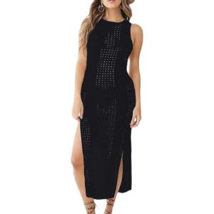 imageBsubseach Crochet Cover Ups for Women Hollow Out Sleeveless Bikini Swimsuit Swimwear Side Split Long Beach DressesBlack