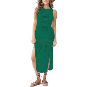 imageBsubseach Crochet Cover Ups for Women Hollow Out Sleeveless Bikini Swimsuit Swimwear Side Split Long Beach DressesCblack Green