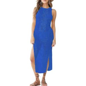imageBsubseach Crochet Cover Ups for Women Hollow Out Sleeveless Bikini Swimsuit Swimwear Side Split Long Beach DressesCblue