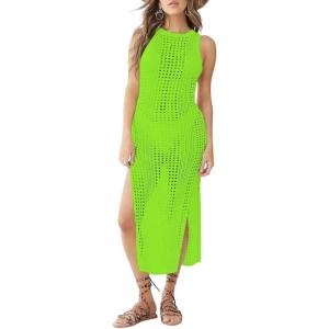 imageBsubseach Crochet Cover Ups for Women Hollow Out Sleeveless Bikini Swimsuit Swimwear Side Split Long Beach DressesCbright Green