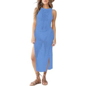 imageBsubseach Crochet Cover Ups for Women Hollow Out Sleeveless Bikini Swimsuit Swimwear Side Split Long Beach DressesCcyan