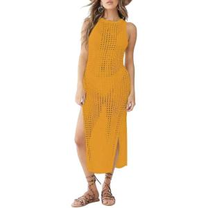 imageBsubseach Crochet Cover Ups for Women Hollow Out Sleeveless Bikini Swimsuit Swimwear Side Split Long Beach DressesCginger