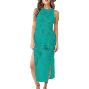 imageBsubseach Crochet Cover Ups for Women Hollow Out Sleeveless Bikini Swimsuit Swimwear Side Split Long Beach DressesCgreen