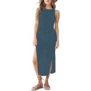 imageBsubseach Crochet Cover Ups for Women Hollow Out Sleeveless Bikini Swimsuit Swimwear Side Split Long Beach DressesCgrey Blue