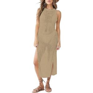 imageBsubseach Crochet Cover Ups for Women Hollow Out Sleeveless Bikini Swimsuit Swimwear Side Split Long Beach DressesCkhaki