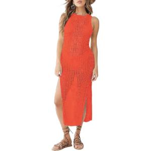 imageBsubseach Crochet Cover Ups for Women Hollow Out Sleeveless Bikini Swimsuit Swimwear Side Split Long Beach DressesCorange