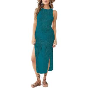 imageBsubseach Crochet Cover Ups for Women Hollow Out Sleeveless Bikini Swimsuit Swimwear Side Split Long Beach DressesCpeacock Green