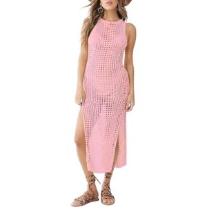 imageBsubseach Crochet Cover Ups for Women Hollow Out Sleeveless Bikini Swimsuit Swimwear Side Split Long Beach DressesCpink
